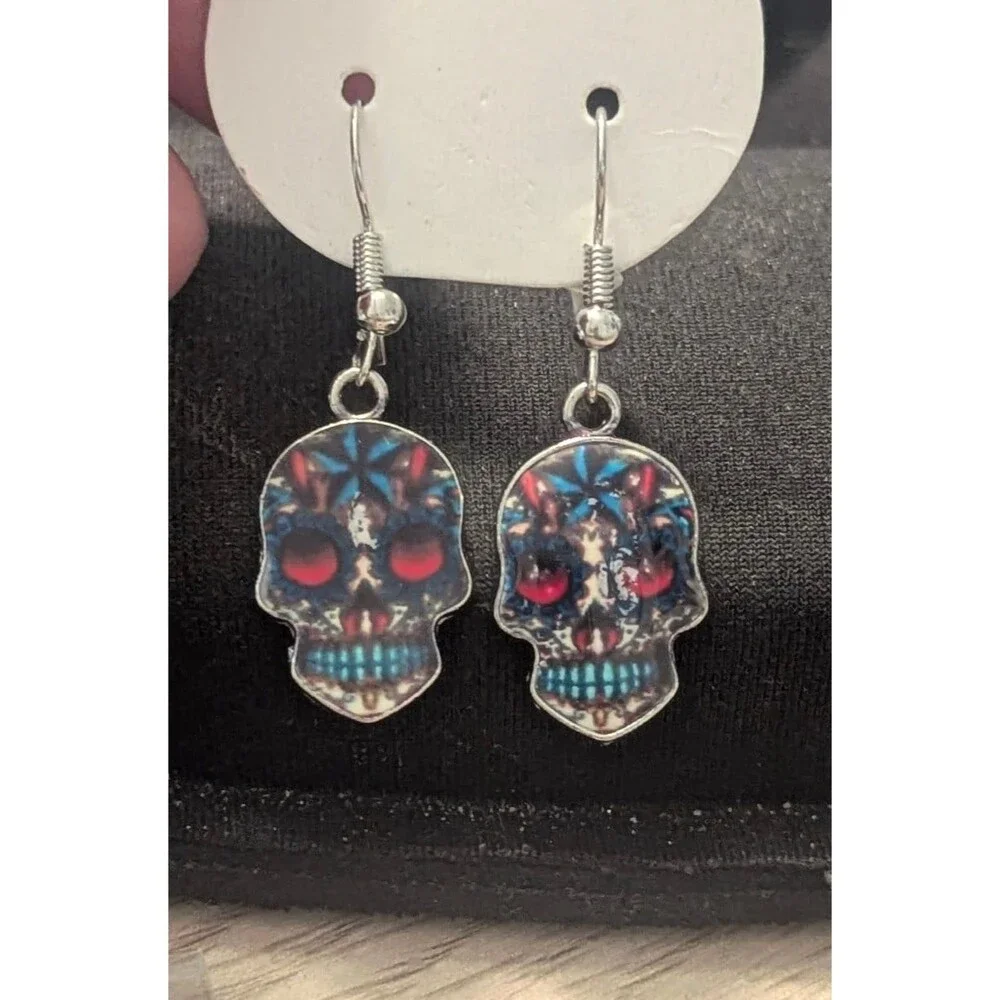 Handcrafted Day of the Dead Skulls Multicolor Dangle Earrings